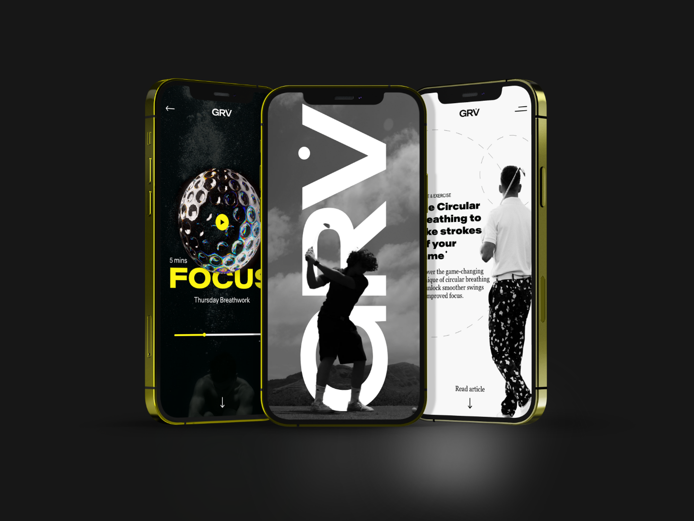 GRV Golf app screenshots showing mental training features and user interface